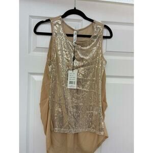 Christina Love‎ Sequin High Low Top M Beige Gold Sheer Party NWT